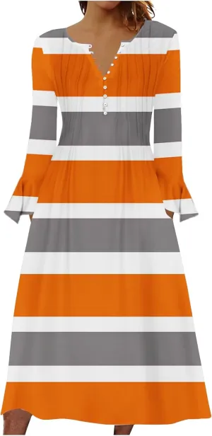 XUNRYAN Womens Long Sleeve Dresses Summer Spring Pleated Striped Casual Button V-Neck Midi Dress Calf Length Swing Sundress
