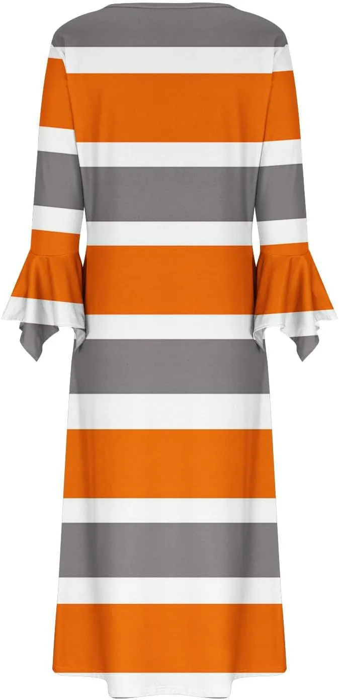 XUNRYAN Womens Long Sleeve Dresses Summer Spring Pleated Striped Casual Button V-Neck Midi Dress Calf Length Swing Sundress