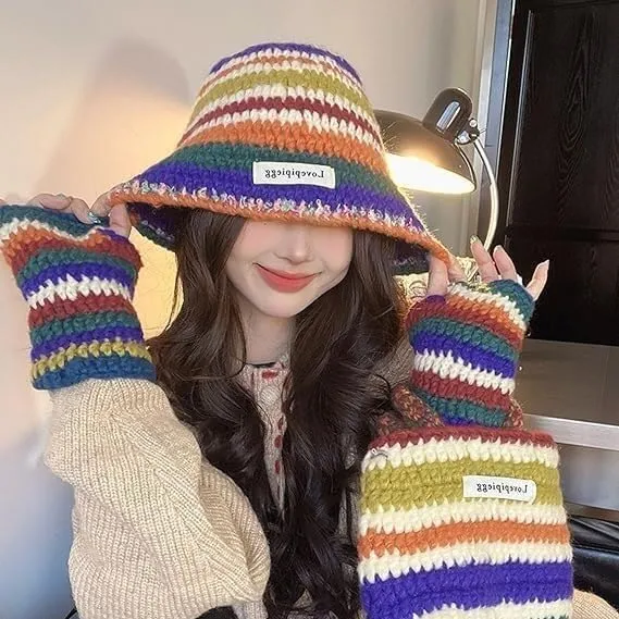 Y2k Cuffed Knit Beanie Bucket Hats for Women Crochet Tote Crossbody Bags for Women Warm Fingerless Gloves