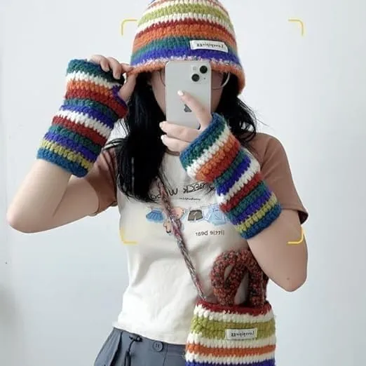 Y2k Cuffed Knit Beanie Bucket Hats for Women Crochet Tote Crossbody Bags for Women Warm Fingerless Gloves