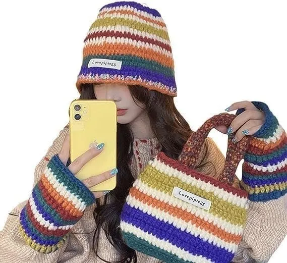 Y2k Cuffed Knit Beanie Bucket Hats for Women Crochet Tote Crossbody Bags for Women Warm Fingerless Gloves