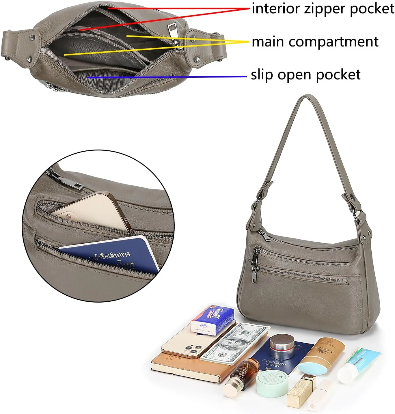 YALUXE Genuine Leather Shoulder Bag Medium Size Handbag Purse Multi Zip Pockets Crossbody Bags for Women