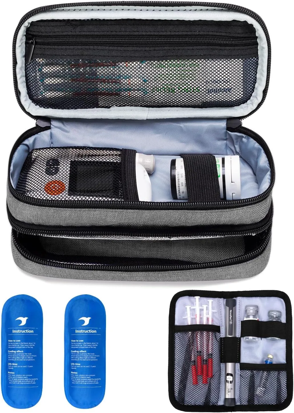 Yarwo Insulin Cooler Travel Case, Double-Layer Diabetic Travel Case with 2 Ice Packs, Diabetic Supplies Organizer for Insulin Pens, Blood Glucose Monitors or Other Diabetes Care Accessories, Gray