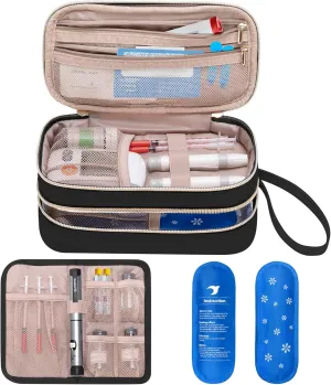 Yarwo Insulin Cooler Travel Case with 2 Ice Packs, Double-Layer Diabetic Insulated Organizer, Portable Medication Bag for Insulin Pens, Glucometer and Diabetes Care Kits, Black (Patented Design)
