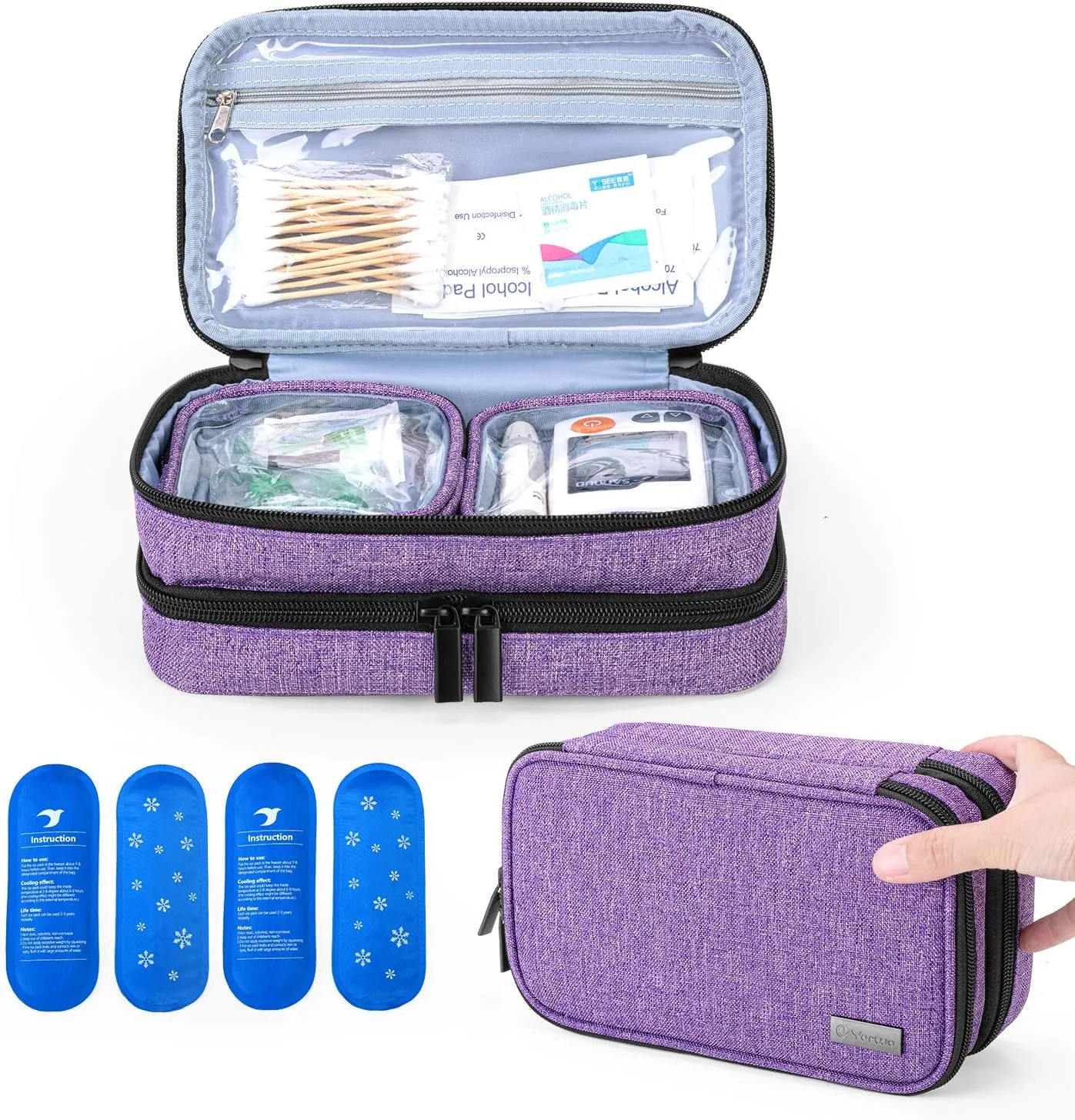 Yarwo Insulin Cooler Travel Case with 4 Ice Packs, Double Layer Diabetic Supplies Organizer for Insulin Pens, Blood Glucose Monitors or Other Diabetes Care Accessories, Purple