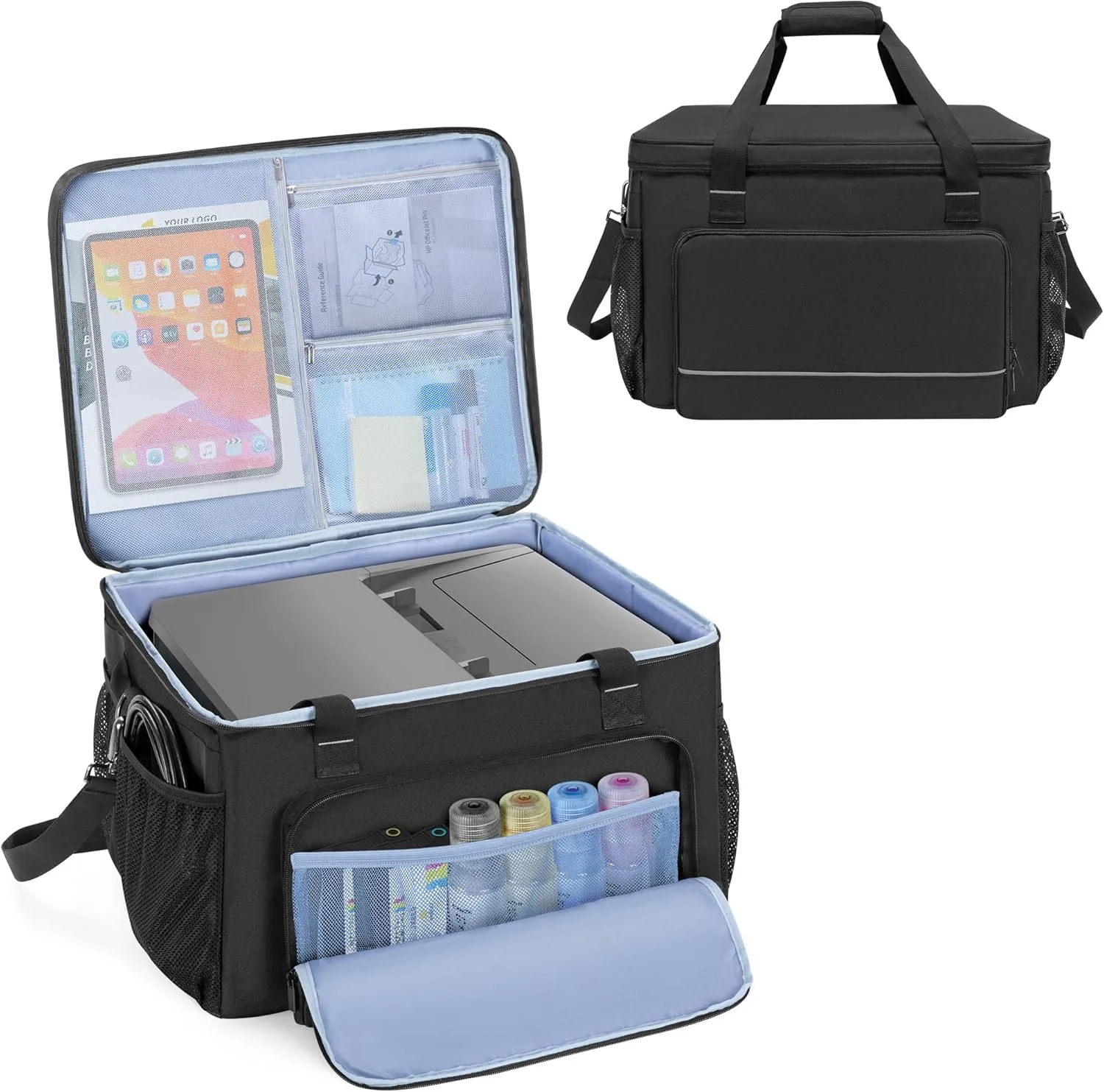 Yarwo Printer Carrying Case Compatible with HP OfficeJet Pro/DeskJet/Smart-Tank, Padded Office Printer Storage Bag with Base Board and Dividers for Ink, Paper and Office Supplies (Bag ONLY)