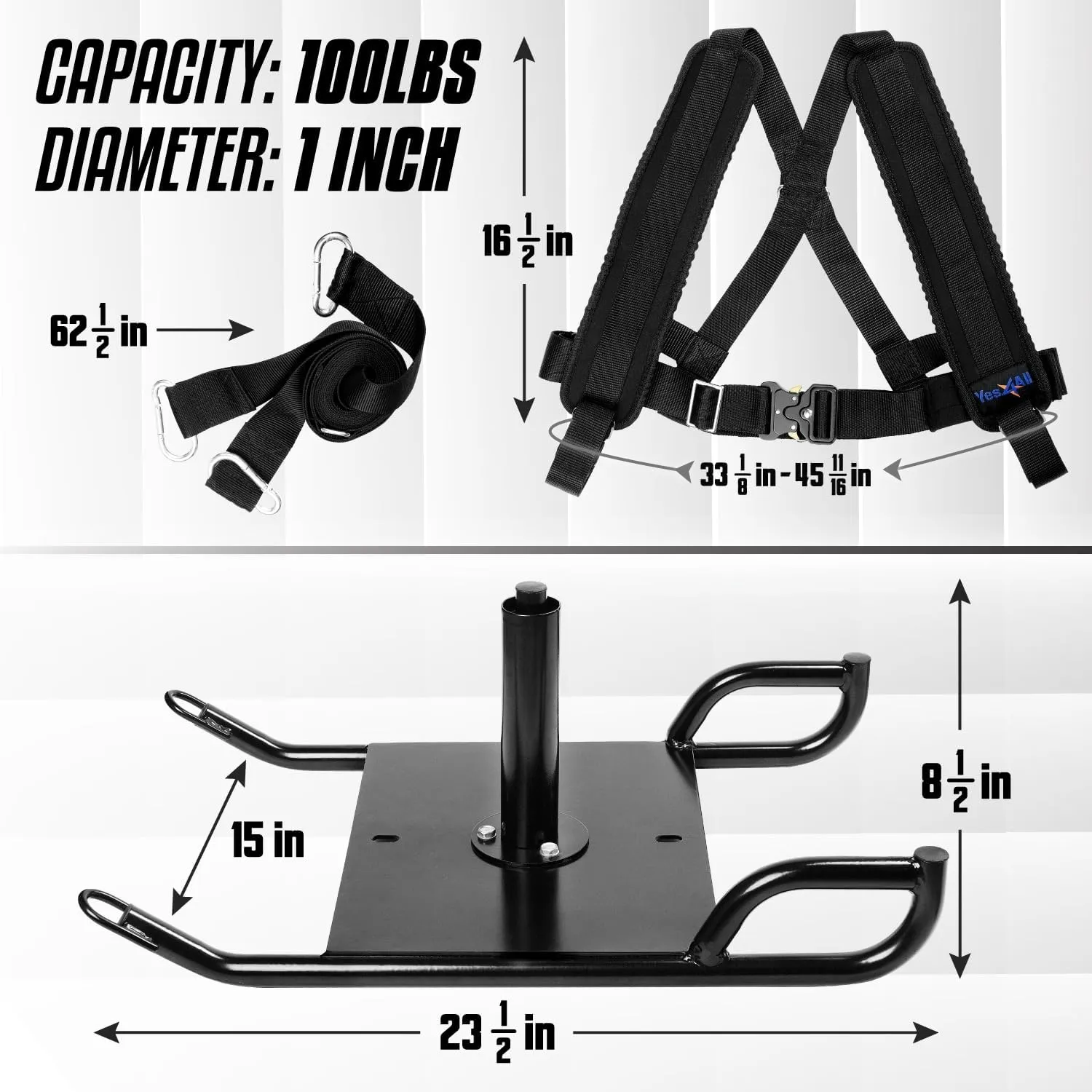 Yes4All Weighted Training Pull Sled with Vest, Steel Buckle, Fit for 1-2 Inch Plates, Sled Workout Equipment, Sport Power Sled for Athletic Exercise and Speed Improvement