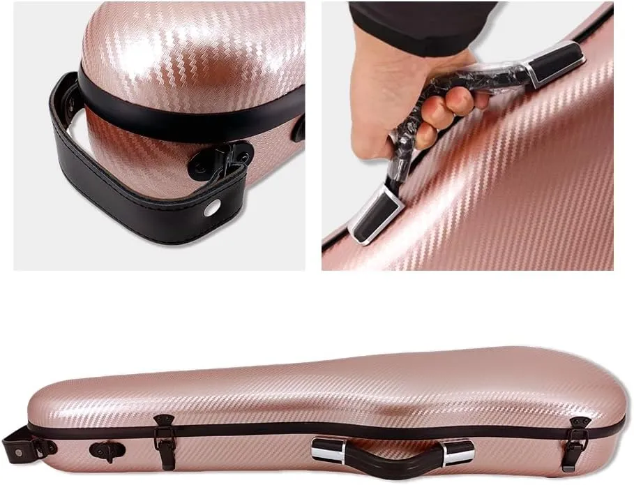 yinfente Triangle 1.95kg Violin Case 4/4 Full size Carbon Fiber Strong Bag 150kg Pressure Full Size With Adjustable Backstrap Two Bow Holder（Rose Gold）
