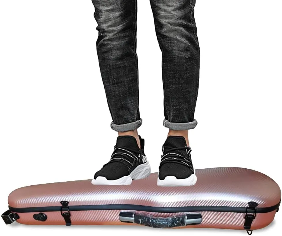 yinfente Triangle 1.95kg Violin Case 4/4 Full size Carbon Fiber Strong Bag 150kg Pressure Full Size With Adjustable Backstrap Two Bow Holder（Rose Gold）