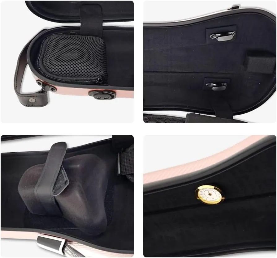 yinfente Triangle 1.95kg Violin Case 4/4 Full size Carbon Fiber Strong Bag 150kg Pressure Full Size With Adjustable Backstrap Two Bow Holder（Rose Gold）