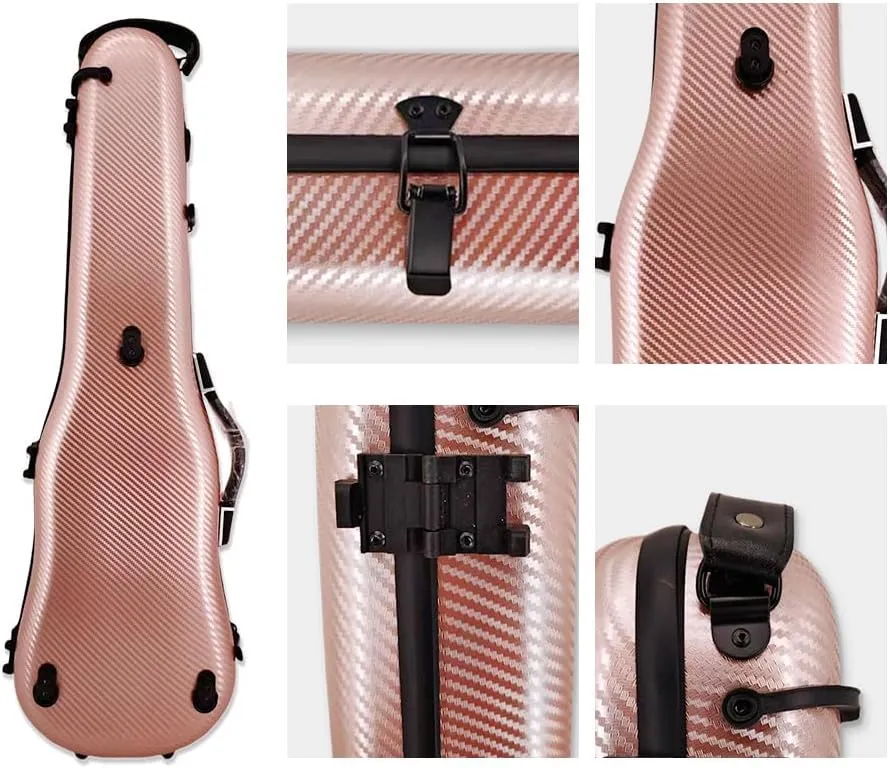 yinfente Triangle 1.95kg Violin Case 4/4 Full size Carbon Fiber Strong Bag 150kg Pressure Full Size With Adjustable Backstrap Two Bow Holder（Rose Gold）