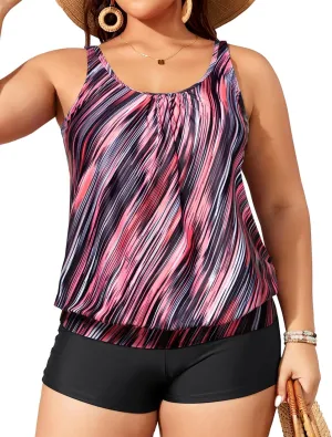 Yonique Plus Size Tankini Swimsuits for Women Blouson Tankini Tops with Swim Shorts Two Piece Bathing Suits