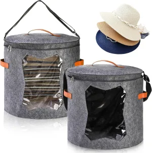 Yopay 2 Pack Hat Boxes for Women Storage, Oversized Round Travel Hat Container with Dust Proof Lid Window, Foldable Stuffed Toys Clothes Brim Hats Storage Organizer Bag Bin, Adjustable Shoulder Strap