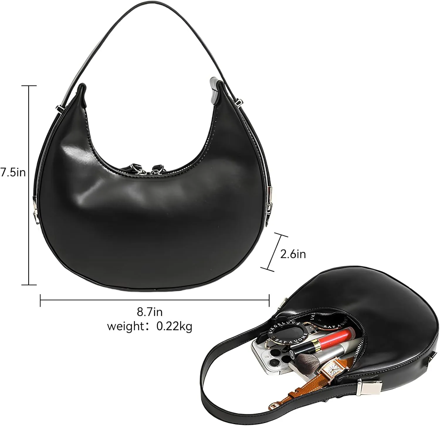 YYW Womens Clutch Purse Shoulder Handbags Crescent Bag Leather Zipper Adjustable Shoulder Strap Hand Bags (Black)