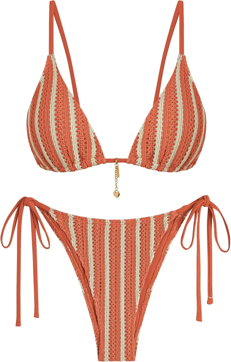 ZAFUL Bikini Sets for Women Crochet Swimsuits Striped Triangle Knit Cheeky Bikini Two Piece Swimwear Side Tie Bathing Suits