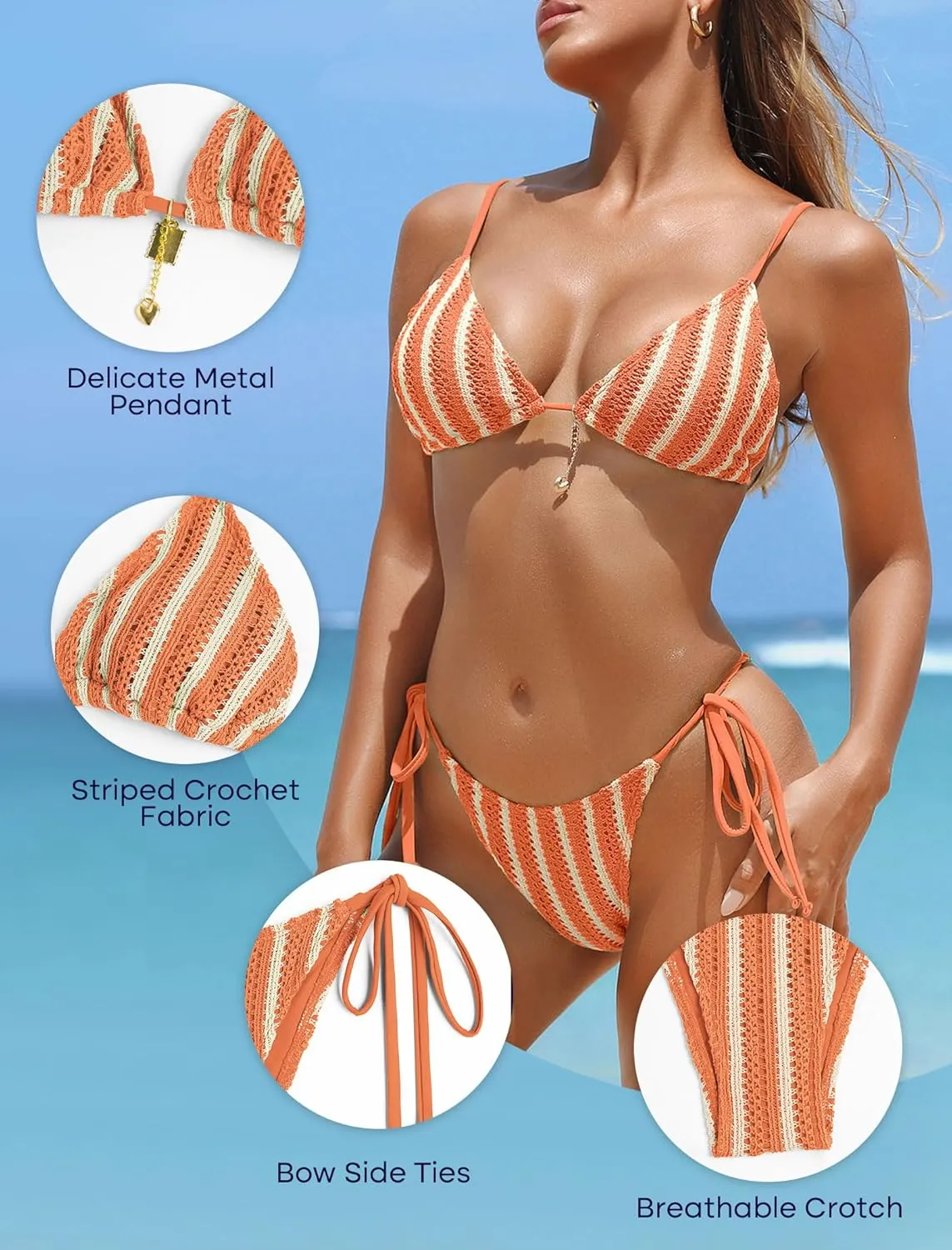ZAFUL Bikini Sets for Women Crochet Swimsuits Striped Triangle Knit Cheeky Bikini Two Piece Swimwear Side Tie Bathing Suits