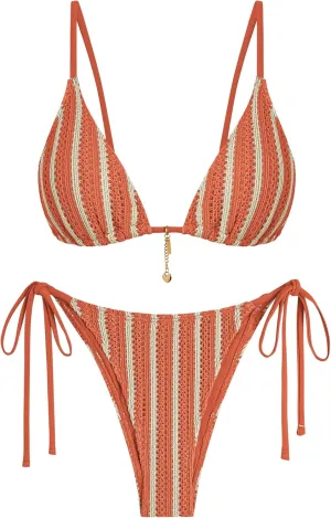 ZAFUL Bikini Sets for Women Crochet Swimsuits Striped Triangle Knit Cheeky Bikini Two Piece Swimwear Side Tie Bathing Suits