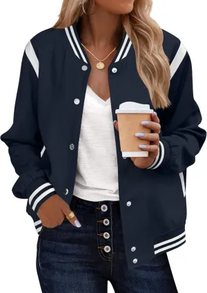 Zeagoo Bomber Jacket Women Varsity Casual Button Down Lightweight Spring Short Outwear with Pockets