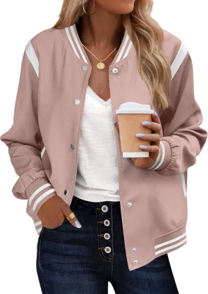 Zeagoo Bomber Jacket Women Varsity Casual Button Down Lightweight Spring Short Outwear with Pockets