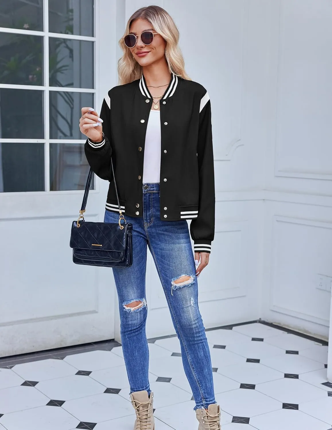 Zeagoo Bomber Jacket Women Varsity Casual Button Down Lightweight Spring Short Outwear with Pockets
