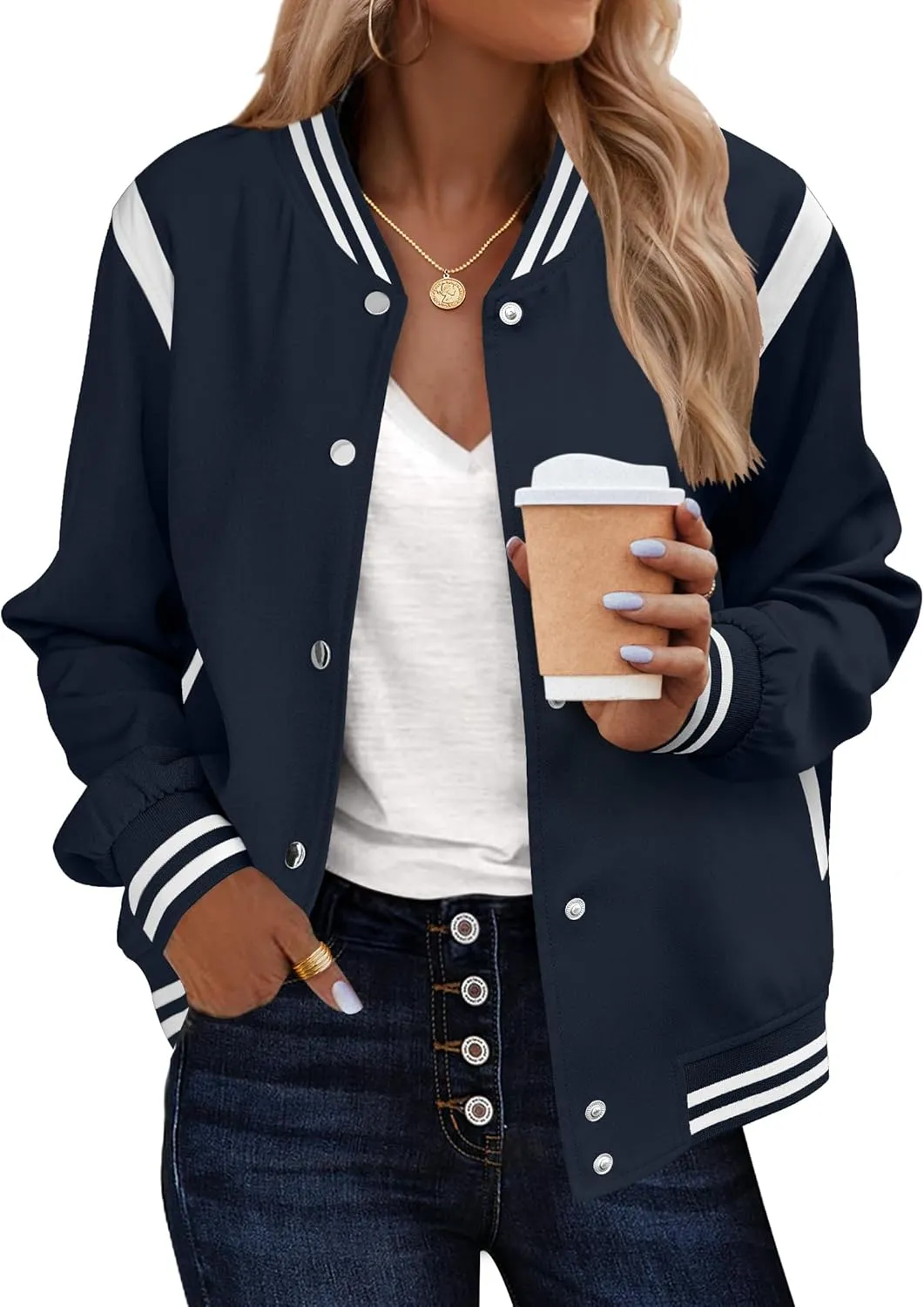 Zeagoo Bomber Jacket Women Varsity Casual Button Down Lightweight Spring Short Outwear with Pockets