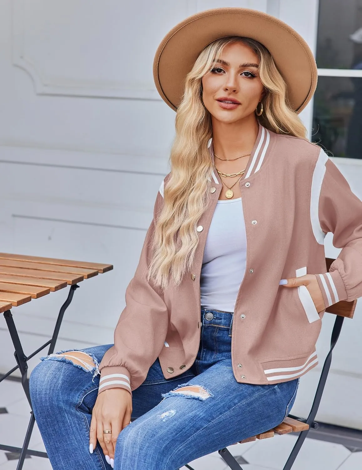 Zeagoo Bomber Jacket Women Varsity Casual Button Down Lightweight Spring Short Outwear with Pockets
