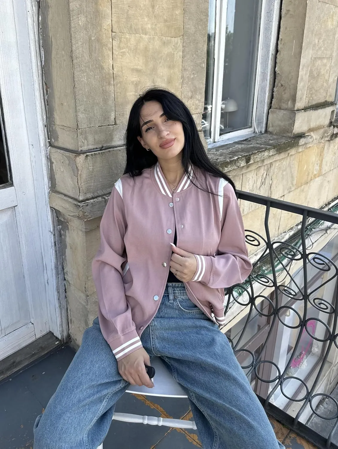 Zeagoo Bomber Jacket Women Varsity Casual Button Down Lightweight Spring Short Outwear with Pockets
