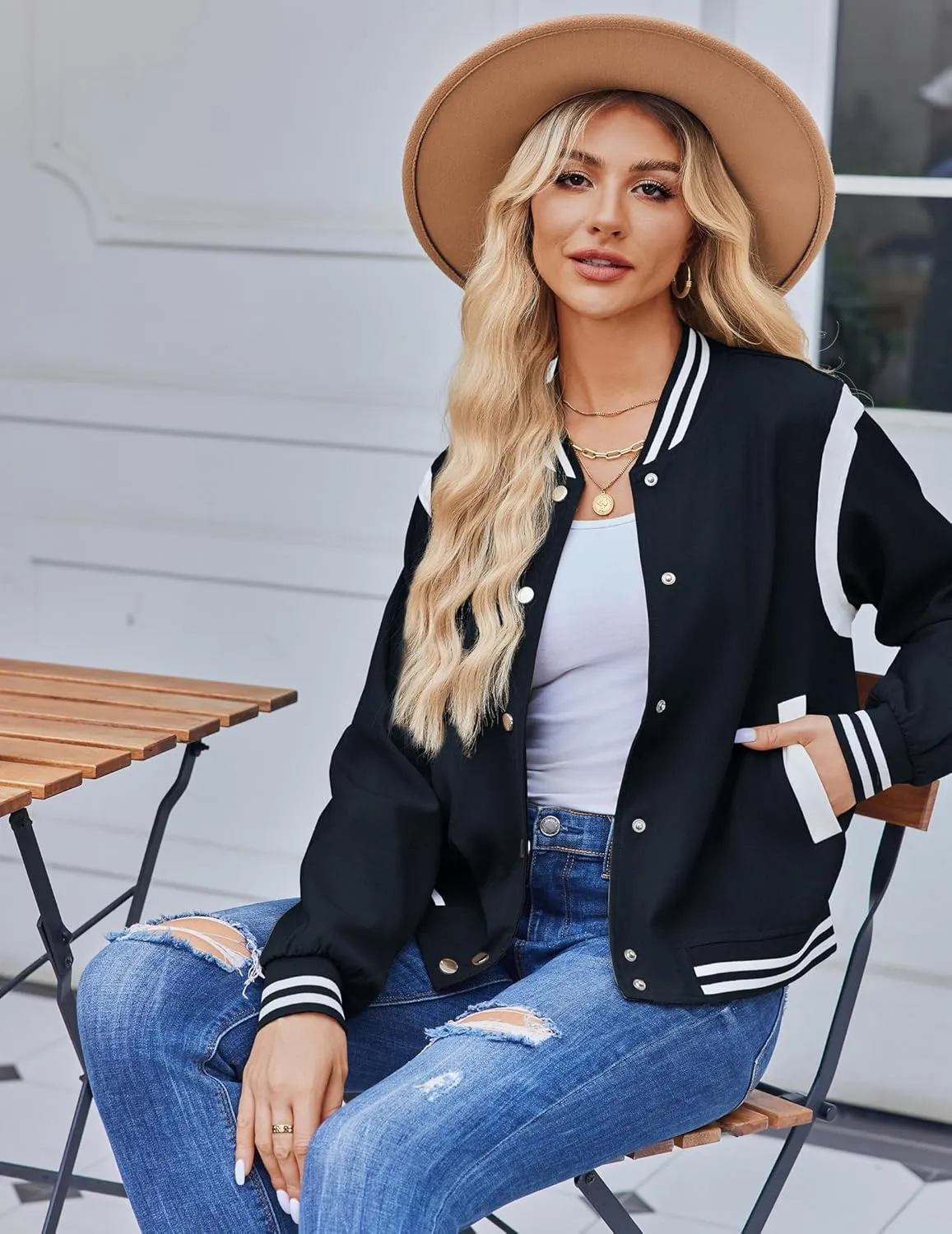 Zeagoo Bomber Jacket Women Varsity Casual Button Down Lightweight Spring Short Outwear with Pockets
