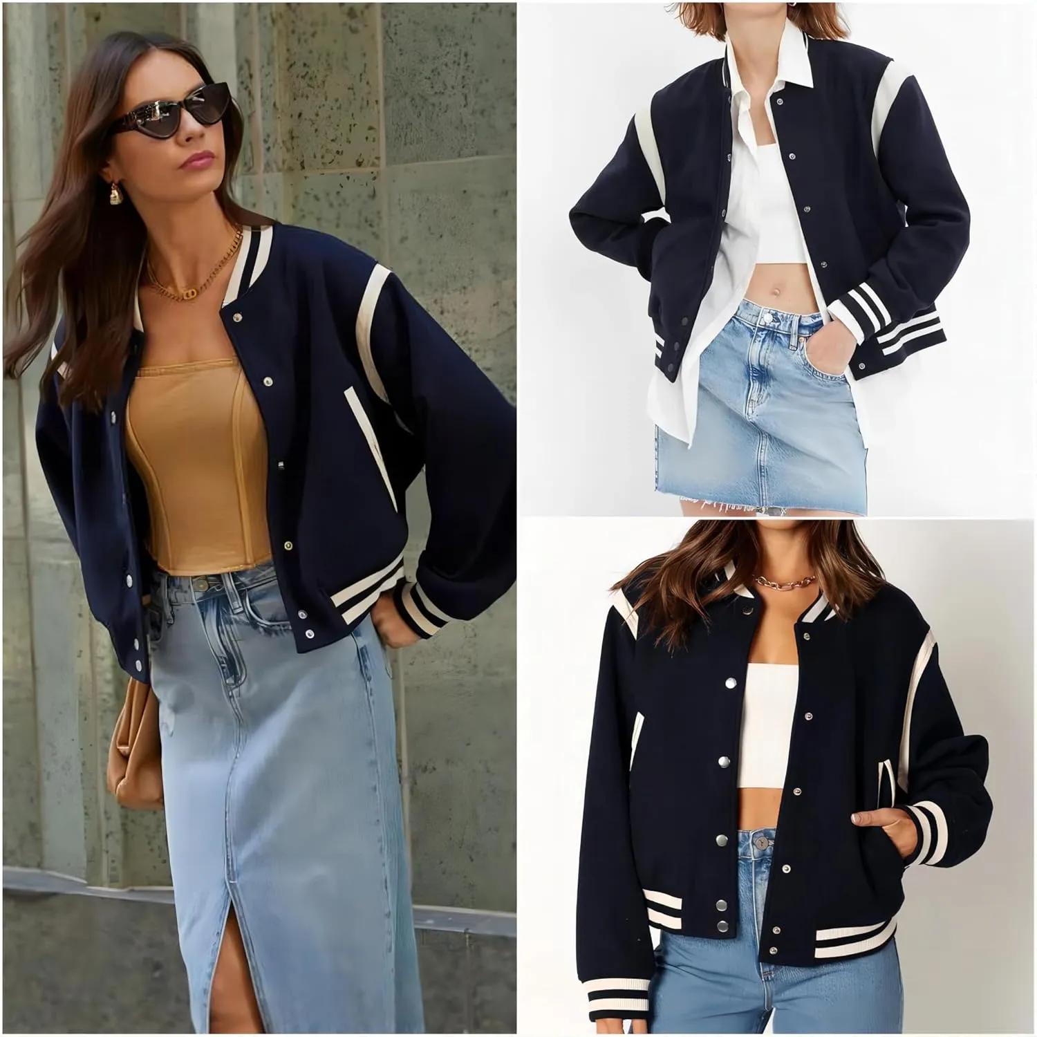 Zeagoo Bomber Jacket Women Varsity Casual Button Down Lightweight Spring Short Outwear with Pockets