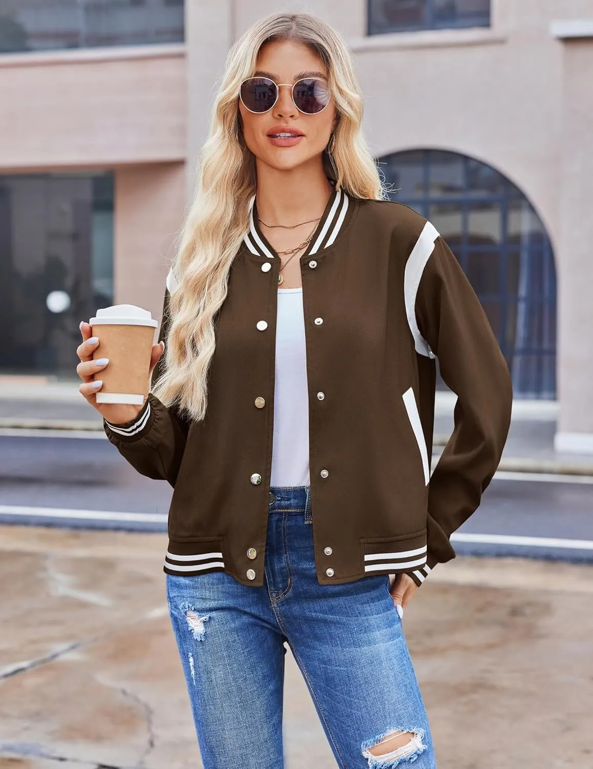 Zeagoo Bomber Jacket Women Varsity Casual Button Down Lightweight Spring Short Outwear with Pockets