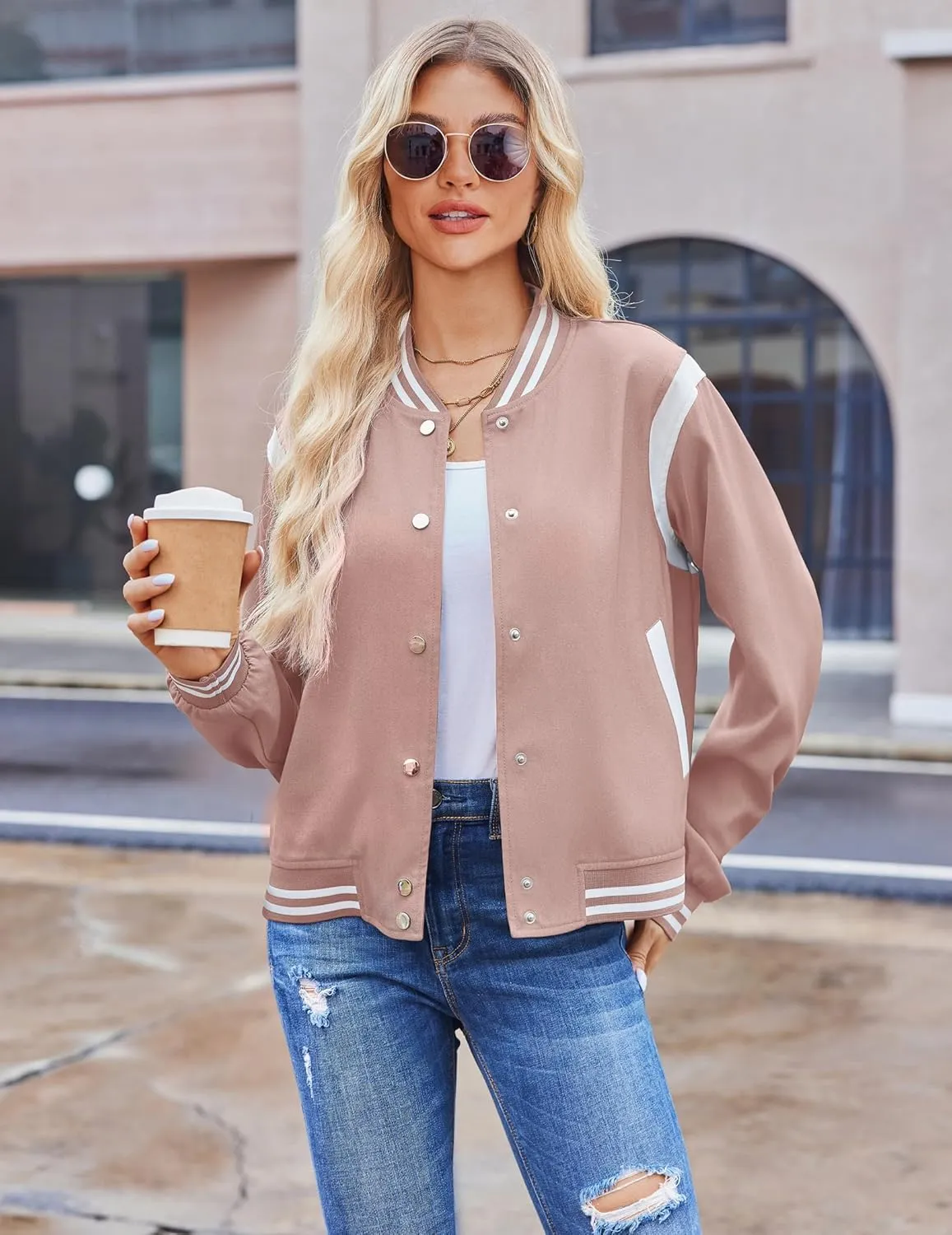 Zeagoo Bomber Jacket Women Varsity Casual Button Down Lightweight Spring Short Outwear with Pockets