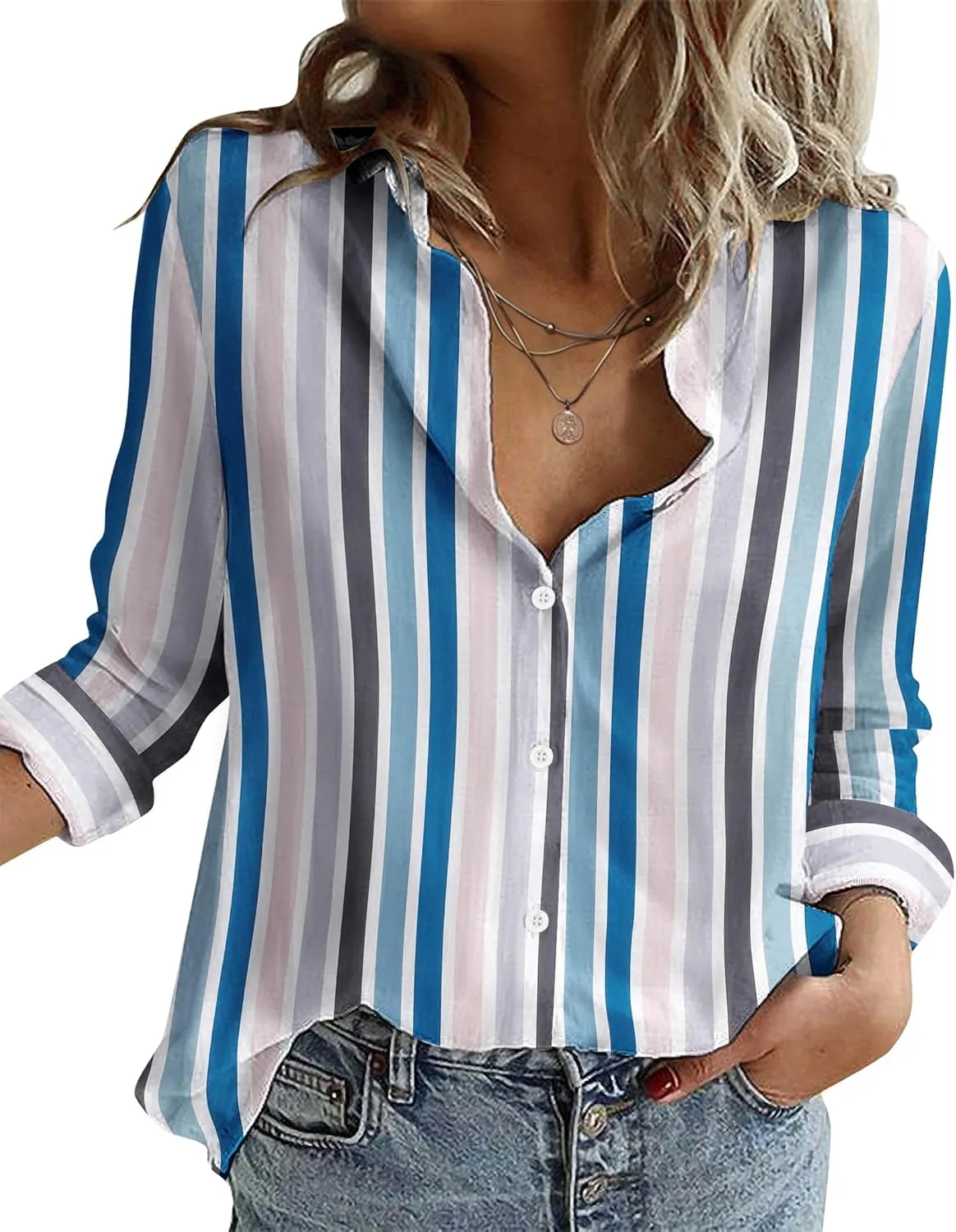 Zeagoo Button Down Shirts for Women Loose Fit Striped Long Sleeve Fall Blouse Business Casual Work Tops