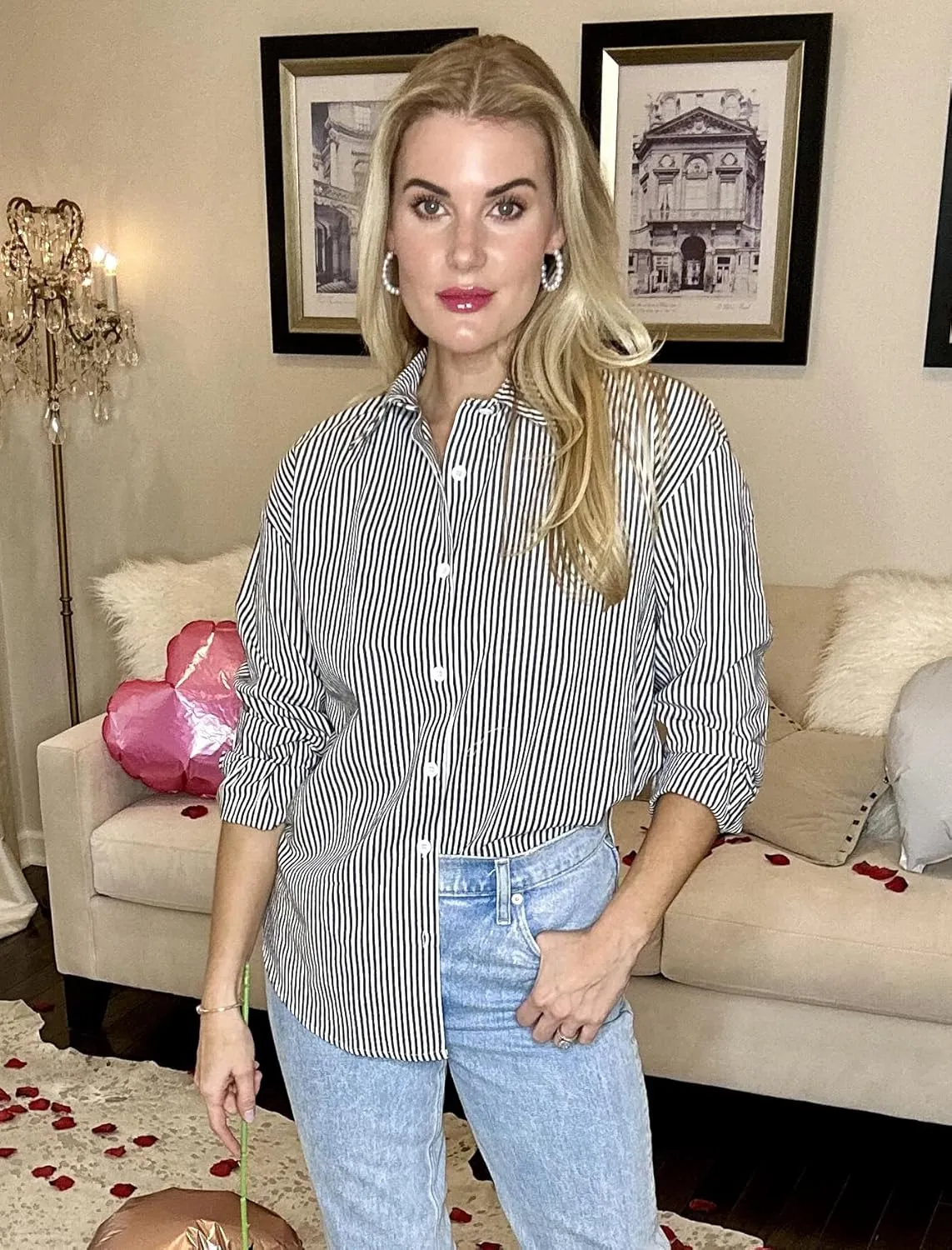 Zeagoo Striped Button Down Shirts for Women Casual Loose Long Sleeve Shirts Business Work Tunic Top