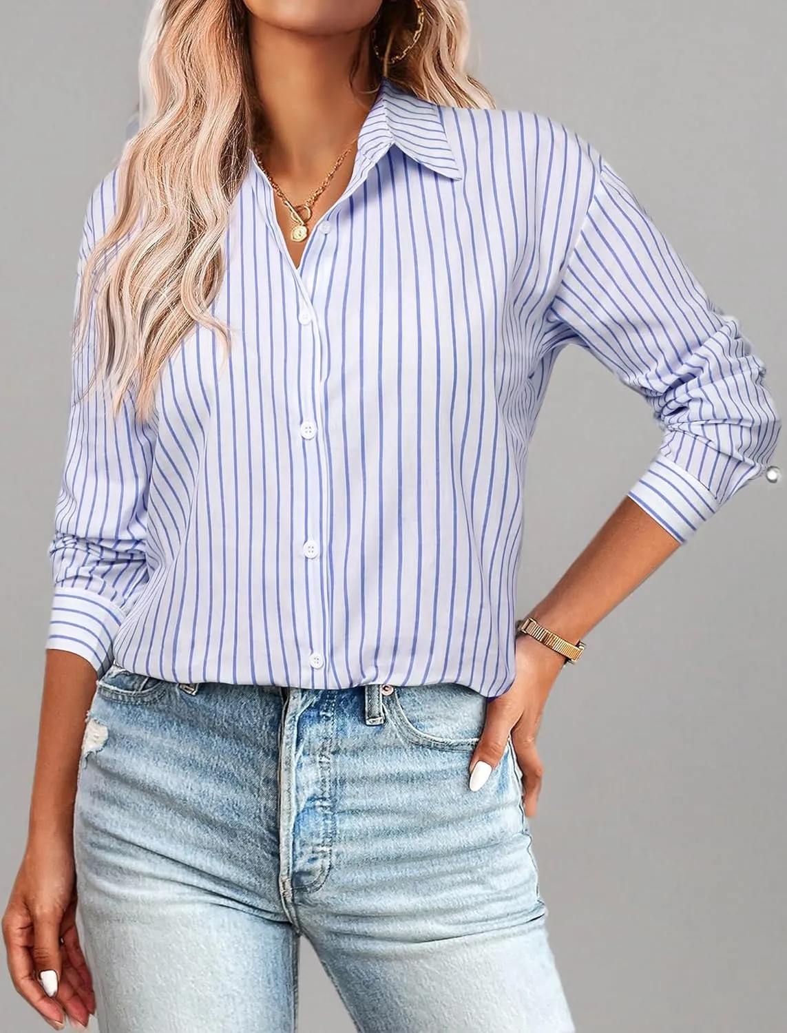 Zeagoo Striped Button Down Shirts for Women Casual Loose Long Sleeve Shirts Business Work Tunic Top