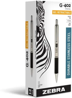Zebra Pen G-402 Retractable Gel Pen, Stainless Steel Barrel, Fine Point, 0.5mm, Black Ink, 12-Pack