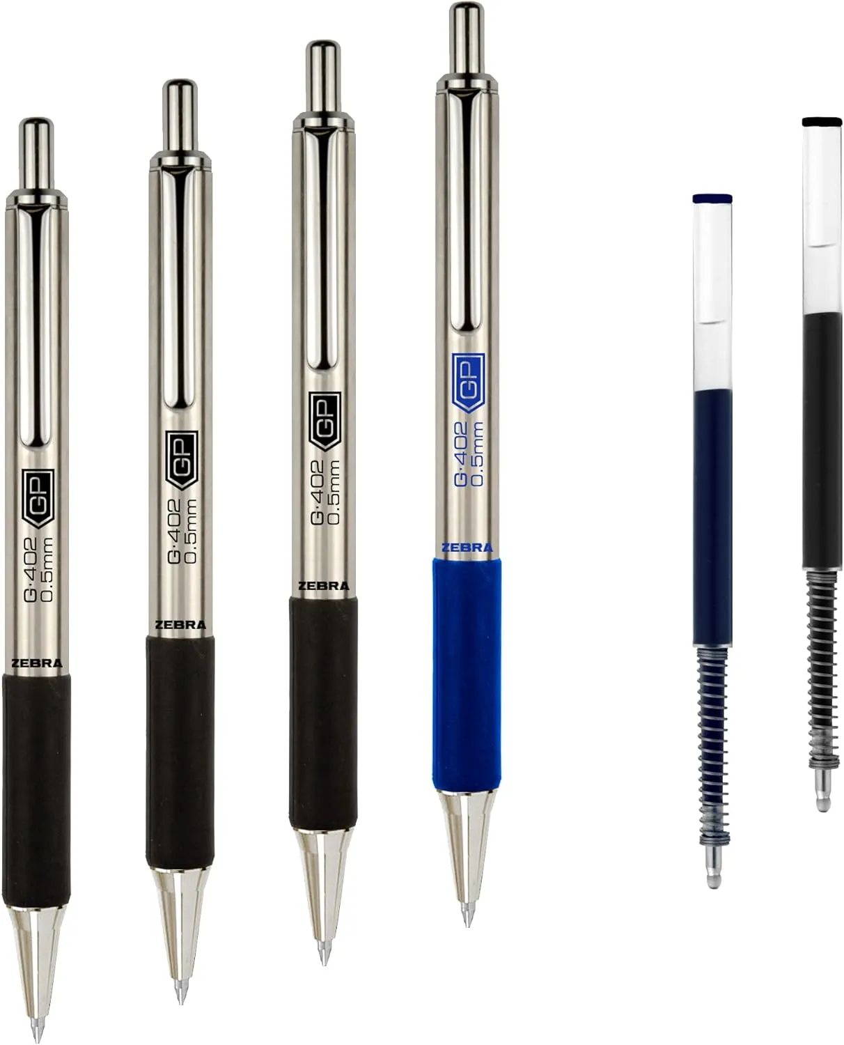 Zebra Pen G-402 Stainless Steel Retractable Gel Pen, Premium Metal Barrel, Fine Point, 0.5mm, Black and Blue Ink, 4-Pack Plus Refills, (50072)