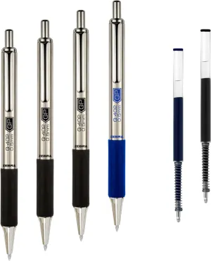 Zebra Pen G-402 Stainless Steel Retractable Gel Pen, Premium Metal Barrel, Fine Point, 0.5mm, Black and Blue Ink, 4-Pack Plus Refills, (50072)