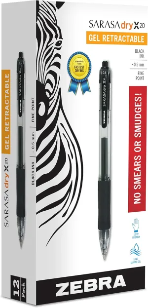 Zebra Pen Sarasa Dry X20 Retractable Gel Pen, Fine Point, 0.5mm, Black Ink, (Pack of 6, 72 Count Total)