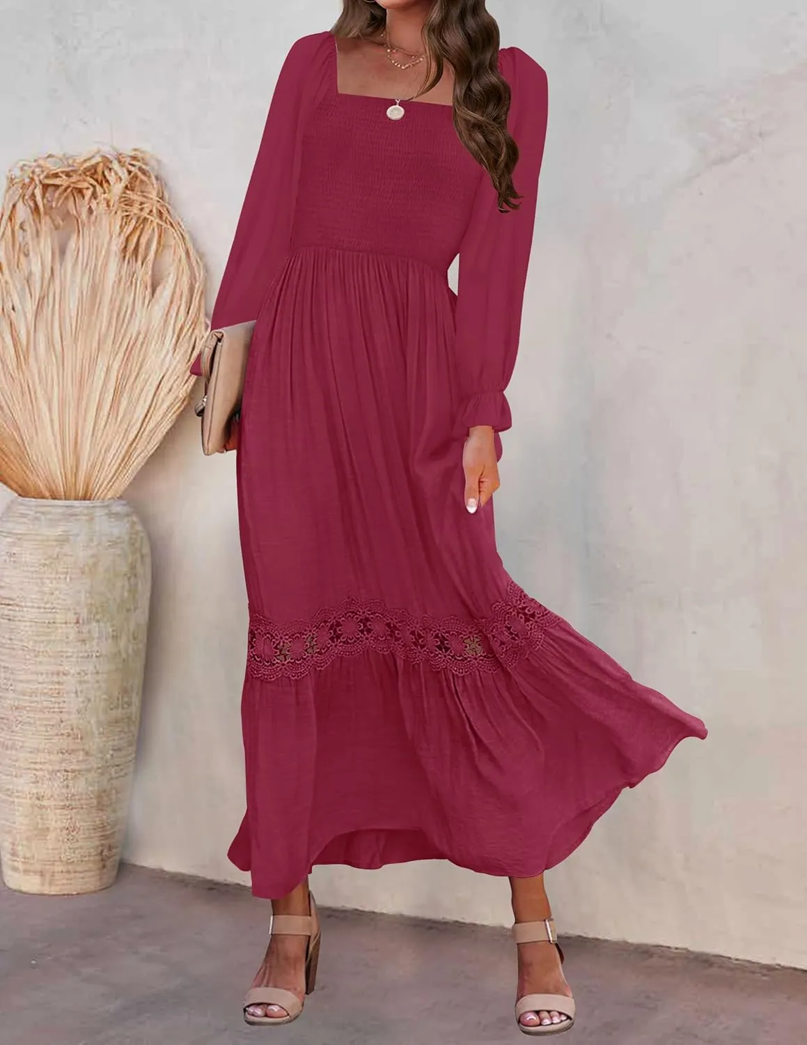 ZESICA Women's 2025 Boho Long Sleeve Square Neck Smocked High Waist Flowy A Line Lace Trim Maxi Dress