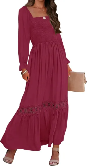 ZESICA Women's 2025 Boho Long Sleeve Square Neck Smocked High Waist Flowy A Line Lace Trim Maxi Dress
