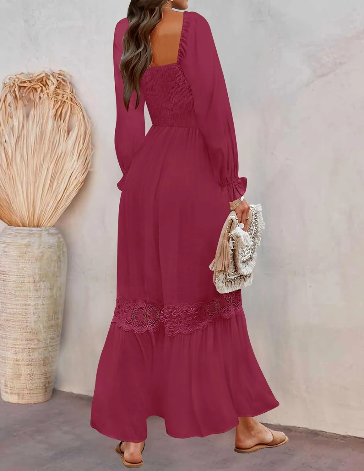 ZESICA Women's 2025 Boho Long Sleeve Square Neck Smocked High Waist Flowy A Line Lace Trim Maxi Dress