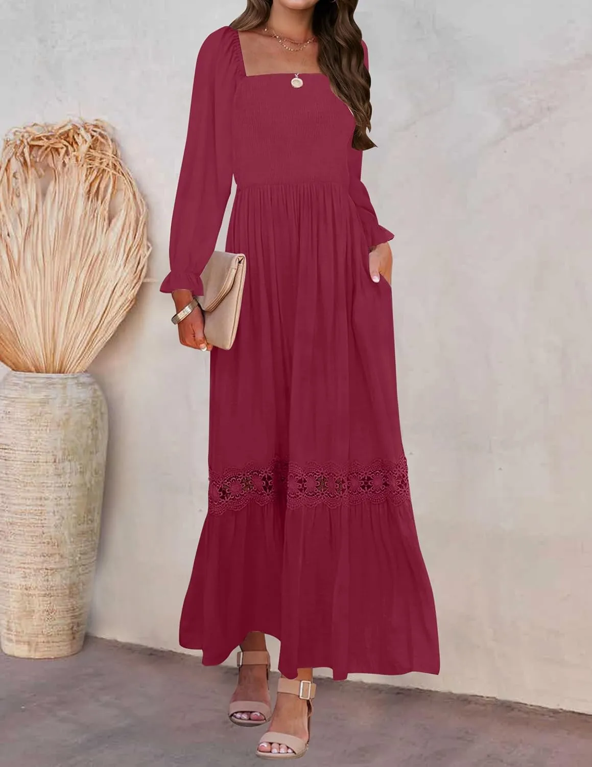 ZESICA Women's 2025 Boho Long Sleeve Square Neck Smocked High Waist Flowy A Line Lace Trim Maxi Dress