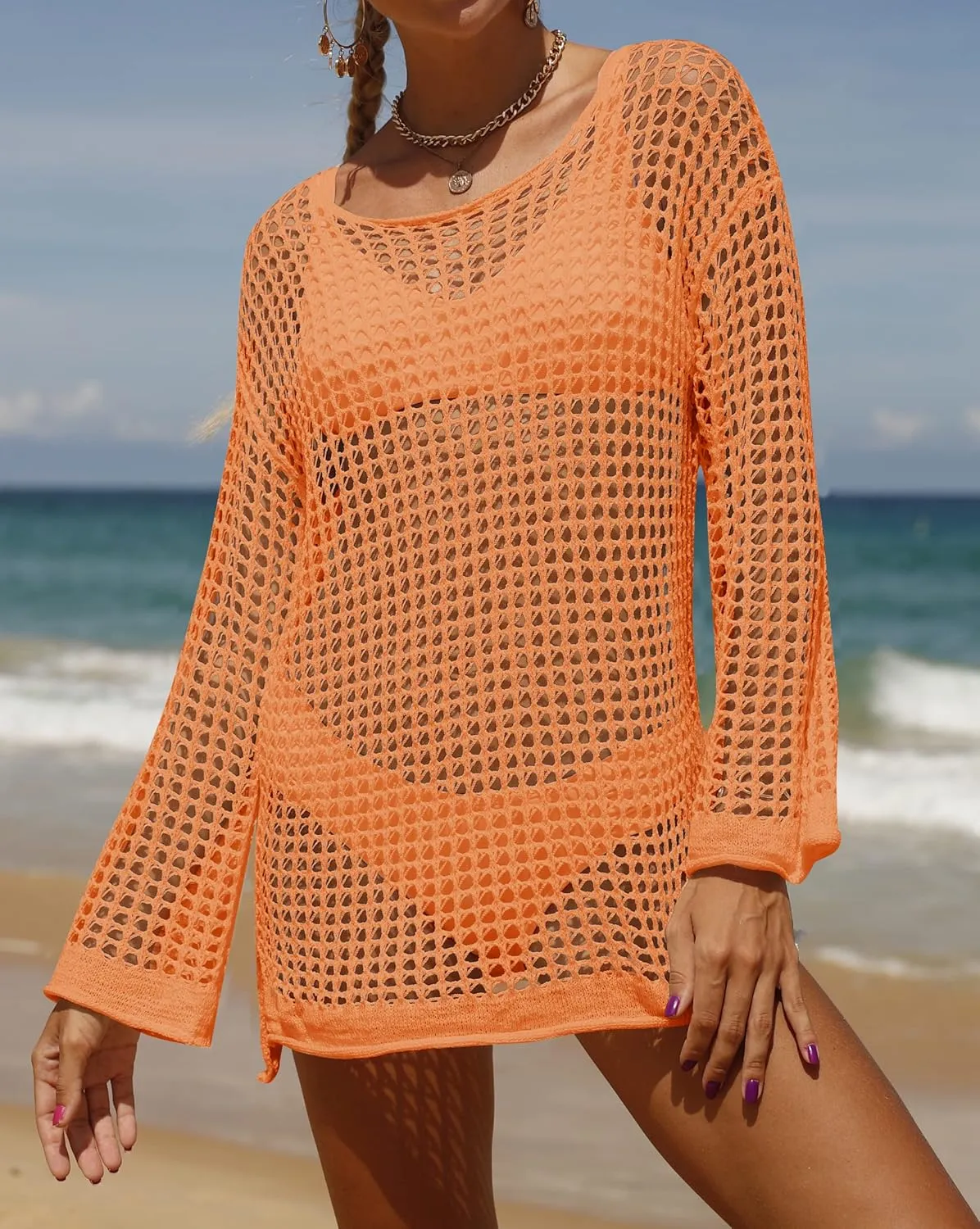 ZESICA Women's 2025 Summer Crochet Hollow Out Long Sleeve Beach Bikini Swimsuit Mesh Cover Up Tunic Top