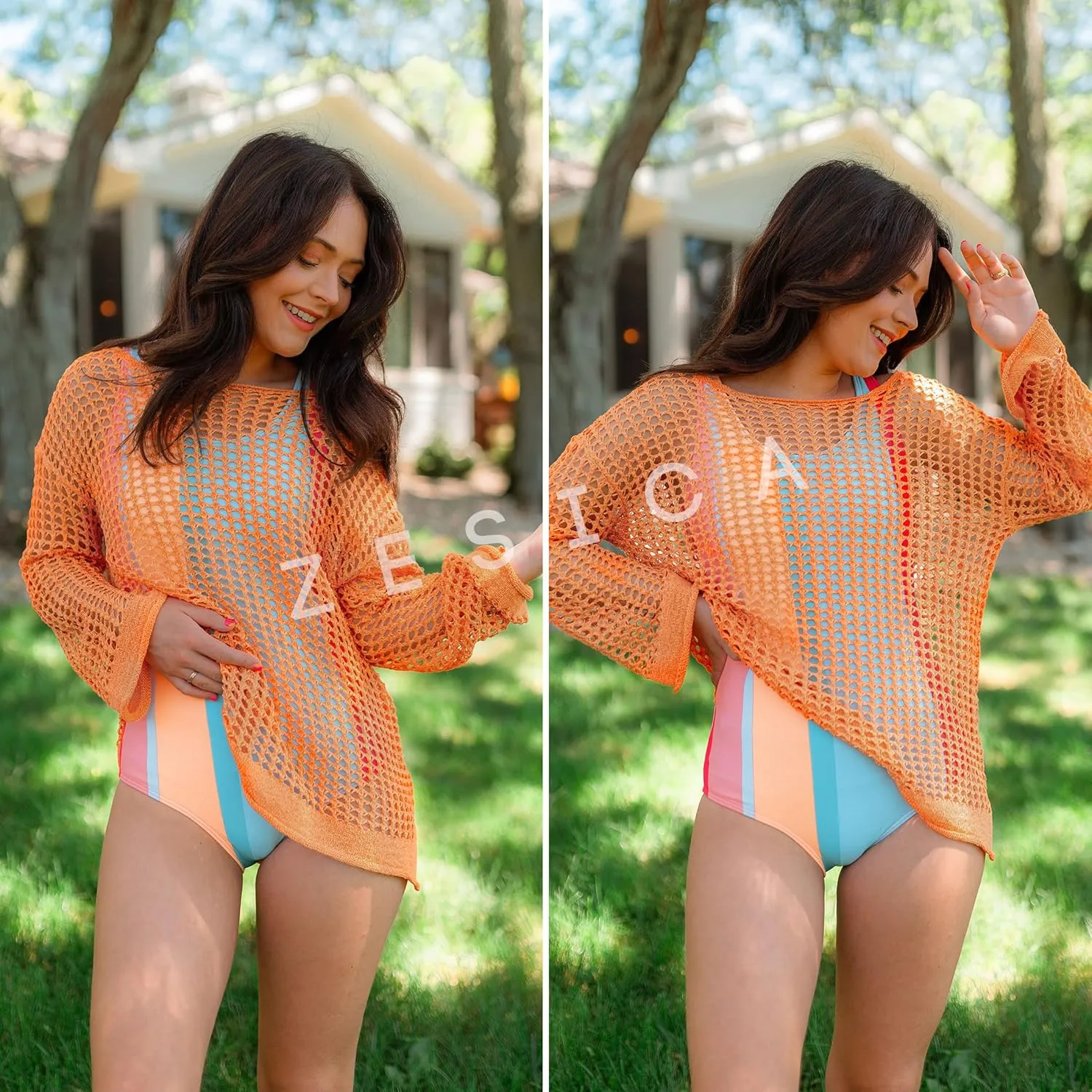 ZESICA Women's 2025 Summer Crochet Hollow Out Long Sleeve Beach Bikini Swimsuit Mesh Cover Up Tunic Top
