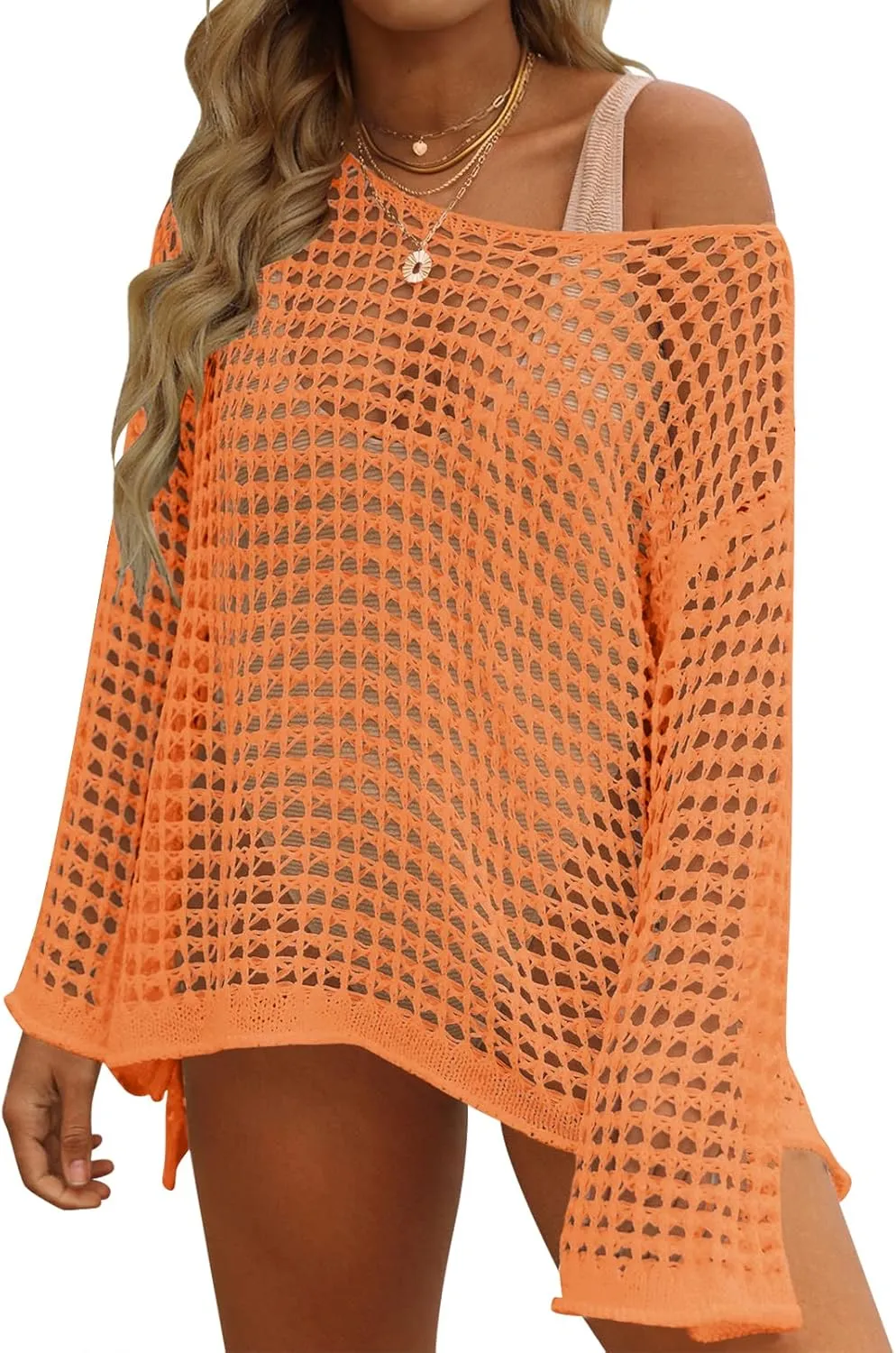 ZESICA Women's 2025 Summer Crochet Hollow Out Long Sleeve Beach Bikini Swimsuit Mesh Cover Up Tunic Top