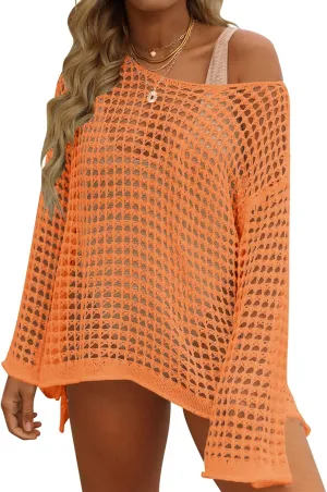 ZESICA Women's 2025 Summer Crochet Hollow Out Long Sleeve Beach Bikini Swimsuit Mesh Cover Up Tunic Top