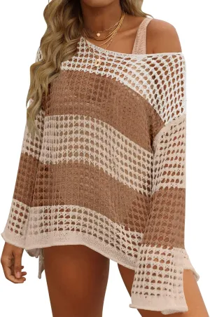 ZESICA Women's 2025 Summer Crochet Hollow Out Long Sleeve Beach Bikini Swimsuit Mesh Cover Up Tunic Top
