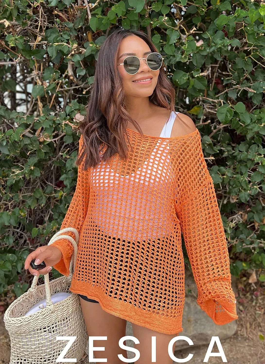 ZESICA Women's 2025 Summer Crochet Hollow Out Long Sleeve Beach Bikini Swimsuit Mesh Cover Up Tunic Top
