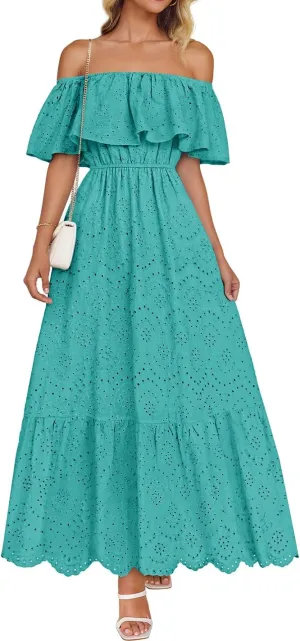 ZESICA Women's 2025 Summer Off Shoulder Ruffle Midi Dress Short Sleeve High Waist Hollow Out Embroidery Party Dresses
