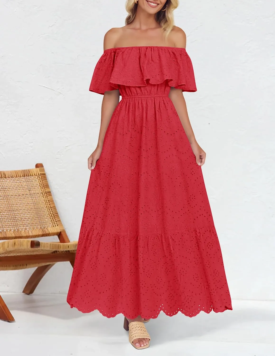 ZESICA Women's 2025 Summer Off Shoulder Ruffle Midi Dress Short Sleeve High Waist Hollow Out Embroidery Party Dresses